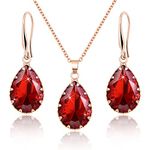 Linawe Ruby Crystal Wedding Jewelry Sets Rose Gold, Garnet Imitation Diamond Pendant Necklace Set, Boho Drop Dangle Red Earring Set, Teardrop Rhinestone Birthstone Matching Jewelry for Women