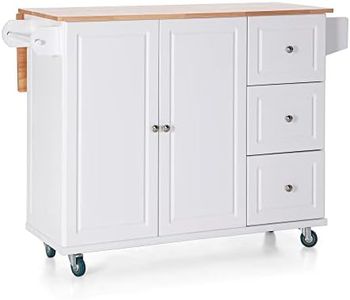 Sophia & William Kitchen Island Cart on Wheels with Drop-Leaf and Rubber Wood Top, Rolling Kitchen Trolley with 2-Door Storage Cabinet, 3 Drawers, Towel and Spice Rack, White