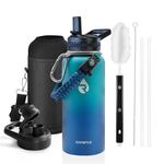 RAYMYLO Insulated Water Bottle 32 oz, Triple Wall Vacuum Stainless Steel (Cold for 48 Hrs), Leak Proof & Non-BPA, Modern Water Flask Jug with Paracord Handle & Straw Spout Lids, Cyan Blue