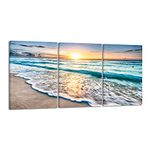 Wieco Art 3 Panels Blue Beach Sunrise White Wave Pictures on Canvas Wall Art Modern Stretched and Framed Seascape Canvas Prints Seaview Artwork for Home Office Decorations P3RLA058-5070