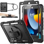 SEYMAC stock Case for iPad 9th/8th/7th Generation (10.2 Inch) 2021/2020/2019, Heavy Duty Shockproof with Screen Protector, 360° Rotating Stand/Hand Strap, Pencil Holder & Shoulder Strap, Black