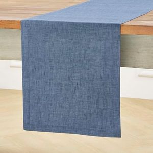 Solino Home Linen Table Runner 156 Inches Long - Athena, 100% Pure Linen Blue Denim Dining Table Runner 14 x 156 Inch for Spring, Summer
