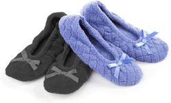 isotoner Women's 2 Pack Ballerina Slipper Quilted and Solid Ballet Flat, Periwinkle Quilted, Ash Solid, 6.5-7.5