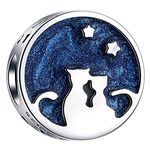 I Love You Couple Cat Under Night Sky Charms, 925 Sterling Silver Lovers Kitty Cat Blue Enamel Beads, fits Pandora Valentines Day Bracelet, Gifts for Wedding/Anniversary/Girlfriend