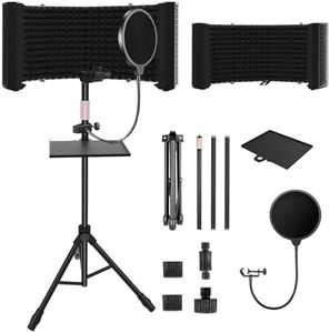 6-Panel Microphone Isolation Shield with Adjustable Stand – Foldable Soundproof Vocal Booth for Recording, Professional Studio Mic Shield Compatible with Blue Yeti and Other Microphones