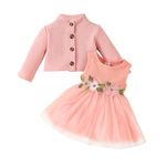 JiAmy Baby Girls Dress Outfits Sleeveless Floral Print Tulle Tutu Dresses Long Sleeve Waffle Cardigan Coat 2Pcs Clothes Set for Toddler Girl 2-3 Years Pink