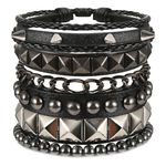 Yolev 4 Pcs Punk Leather Bracelet Hematite Black Braided Leather Bracelets Set Black for Men Women Adjustable Spike Metal Cuff Bangle Length Woven Leather Bracelet