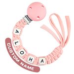 Dummy Clips Personalised Name for Boys Girls Customized Soother Chain Holder Handmade Braided Fits All Pacifiers(Pink)