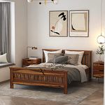 RATANDHARA FURNITURE King Size Leopard Sheesham Wood Platform Bed Without Storage (King Size (6.5 ft x 6 ft), Teak Finish)