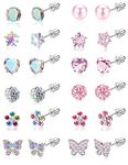 Thunaraz 12 Pairs Hypoallergenic Screwback Earrings for Women Girls 316L Stainless Steel Cute Ball Heart CZ Screw Back Earring Studs Multicolored Star Flower Butterfly Turtle Stud Earrings Set 20G Colorful