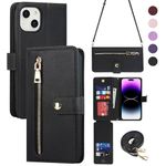 ELTEKER Phone Case Compatible with iPhone 15 Crossbody Lanyard Case Wallet with Shoulder Strap, [9 Card Slots] RFID Blocking Zipper Pocket Leather Flip Kickstand Case for iPhone 15 (6.1")-Black