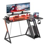 CubiCubi Gaming Desk with LED Lights & Power Outlets, 100 cm L Shaped Carbon Fiber Surface Desk with Storage Shelves, Small Corner Computer Desk with Monitor Shelf, Black