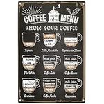 Ripeng Coffee Menu Sign 12 x 8 Inch Coffee Sign Vintage Coffee Bar Decor Metal Know Your Coffee Tin Sign Coffee Menu Wall Decor Coffee Bar Accessories for Kitchen Wall Home Farmhouse Shelf, BLACK