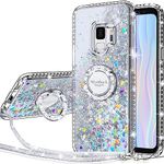 Silverback for Galaxy S9 Case, Moving Liquid Holographic Sparkle Glitter Case with Kickstand, Bling Diamond Rhinestone Bumper Ring Protective Samsung Galaxy S9 Case for Girls Women, Clear Silver