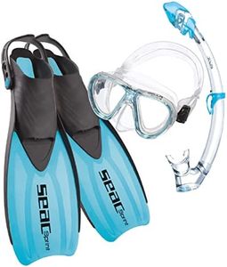 SEAC Set Sprint Dry, Snorkeling Set with 100% Pure Silicone Mask, Snorkel with Dry Top and Fins, Blue, 6½ - 8