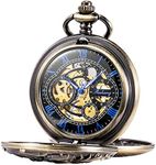 TREEWETO Antique Brone Dragon Mechanical Skeleton Pocket Watch with Chain