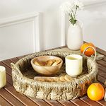 Sirohi Furniture | Brunch Serving Tray | Wicker Breakfast Tray for Home | Eco-Friendly Round Platter with Handles | Gift Tray | Decorative Storage Tray (15x15x5 inches) (Gold & Beige)