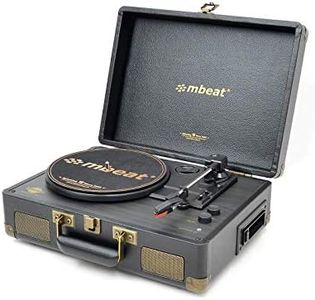 mbeat Uptown Retro Briefcase turntable with Cassette Player and Bluetooth Streaming, plays 33/45 RPM vinyls and cassette, supports Bluetooth music streaming via smartphone or tablet, includes 3.5mm audio jack for headphone listening, RCA audio output to external speakers, portable design in a retro carry case.