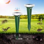 Solar Powered Mole Deterrent, 3 Automatic Modes Animal Control Device, Outdoor Cat Deterrent with LED Light, Waterproof Ultrasonic Animal Repellent for Yard Garden Farm, Frequency 1kHz (2 Packs)