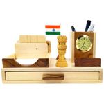 Wooden Pen Stand With Clock Flag Ashok Pillar Stationery Drawer Coaster Plates For Office/Study Table,Pen Stand For Teachers Doctors Advocates,Diwali Newyear Corporate Gifts (Wood),Gold