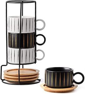 Porcelain Espresso Cup with Saucer and Metal Stand,LUKA 6 Ounce Stackable Ceramic Demitasse Mugs Cappuccino Cups Set for Latte,Coffee,Cafe Mocha,Tea(Set of 4) Black & White Stripes