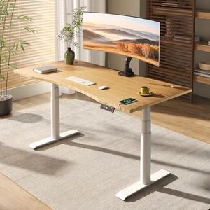 FLEXISPOT E6 Pro Oval Leg Dual Motor 3 Stages Bamboo Electric Standing Desk 72x30 Inch Whole-Piece Board Height Adjustable Electric Sit Stand Up Desk (White Frame + Bamboo Curved Desktop)