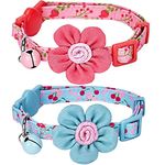 Blueberry Pet Pack of 2 Cat Collars, Lovely Cherry and Floral Prints Adjustable Breakaway Cat Collar with Flower & Bell, Neck 9"-13"