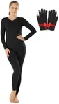 MANCYFIT Womens Thermal Underwear Long Johns Set with Fleece Lined Ultra Soft V Neck with Winter Gloves Black 3X-Large