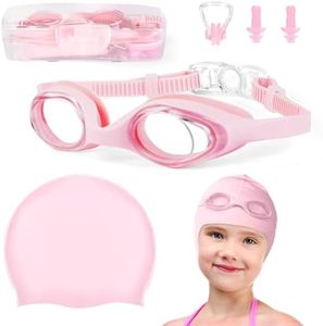 flintronic Lunettes de Natation, Anti-buée et Anti-Fuite Protection UV Longueur Réglable Lunettes étanches avec Bonnet de bain Pince-nez et Bouchons d'oreilles pour Jeune Enfant Élève Garçon Fille