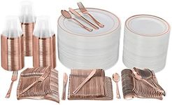 Prestee 600 Piece Rose Gold Plastic Disposable Dinnerware Set for 100 Guests - Includes Plates, Cups, Spoons and Forks - Heavy Duty Rose Gold Dinnerware Utensil Set for Parties, Weddings, Events