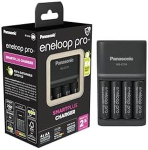 Panasonic eneloop SmartPlus 52055E40 Charger for 1-4 AA/AAA NI-MH Batteries with 4 LED Indicators and 10 Security Functions, Includes AA/Mignon Batteries, Minimum 2500 mAh, Black