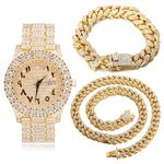 HALUKAKAH Diamonds Gold Watch Iced Out, Men's Roman Numerals 18k Real Gold Plated Quartz Wristband 24cm, with Cuban Link Bracelet 20cm + Necklace 45cm, Free Giftbox