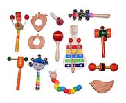 CHANNAPATNA TOYS Wooden Rattles, Teethers, and Whistles for Babies - Set of 13 - Multicolor - Ideal for Infants and Newborns (Ages 0-12 Months) - Develops Sensory Skills and Discovering Sounds