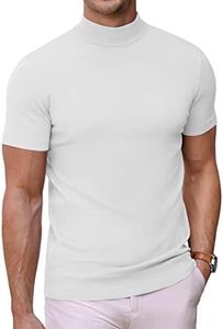 COOFANDY Mens Mock Turtleneck Sweater Short Sleeve Solid Color T-Shirts Basic Slim Fit Knitted Pullover Tees, White, Medium