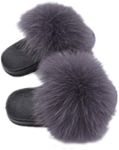 LVCOMEFF Girls Toddler Real Fox Fur Sandals Slides Fluffy Fuzzy for Kid Child (dark gray, numeric_10)