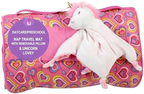 Emily Rose Rollup Toddler Kids Sleeping Nap Cot Mat | Removable Pillow & Unicorn Lovey Included | 100% Cotton for Daycare, Preschool, Travel Naps | Portable, Cozy, Machine Washable (Playful Hearts)