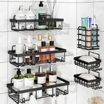 Kinsdan Shower Caddy, 6 Pack Shower Organizer Rack, Black Self Adhesive Shower Shelves, Stainless Steel Bathroom Shelf Wall Storage Shower Basket Soap Holder, Large Capacity Bathroom Shelf