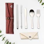 Rusabl (Pack of 6, Red) Stainless Steel Cutlery Set, Reusable Travel for Daily Use, Gifting and Traveling, Spoon and Fork Set (Spoon, Fork, Knife, Steel Straw, Cleaner, Napkin and Jute Pouch