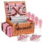 Couleeur Premium Wicker Picnic Basket Set for 4 Person, with Cooler Compartment, Waterproof Blanket, Plates, Glasses, Cutlery, for Camping, Outdoor Party, Day Travel, Beach, Hiking, Red