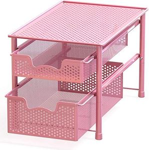 SimpleHouseware Stackable 2 Tier Sliding Basket Organizer Drawer, Pink