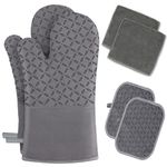 Oven Mitts for Kitchen, Oven Mitts and Pot Holders 6pcs Set Kitchen Oven Glove Heat Resistant 550 Degree with Non-Slip Silicone Surface for for Baking, Cooking, BBQ (Grey)