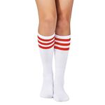 Durio Thigh High Socks Knee High Socks Sports Athletic Running Long Tube Socks for Women with Triple Stripes Casual Stockings 1 Pack White Red One Size