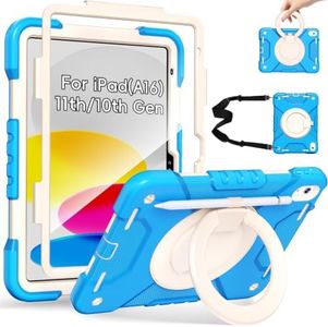 Andnary Case for iPad (A16) 11th Generation 11 inch 2025/10th Generation 10.9 inch 2022, Shockproof Cover with Screen Protector/360° Rotate Handle/Bracket/Pen Holder/Shoulder Strap (Blue+White)