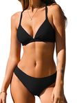 CUPSHE Bikini Set for Women V Neck Low Rise Crisscross Back Self Tie Spaghetti Straps Two Piece Swimsuits Black M