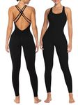 Sunzel Jumpsuits for Women Backless, Seamless Workout One Piece Bodycon Romper Scoop Neck, Butt Scrunch Leggings Unitard 28" Black Large