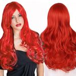 QUEENTAS 23 inch Red Cruly Hair Wig for Women Full Head Long Wavy with Bangs Cosplay Diwali Synthetic Wig