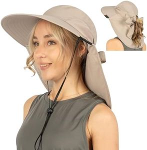 SUN CUBE Women Hiking Hat Fishing Hat | Ponytail Sun Hat with Neck Flap Wide Brim | Summer Outdoor Camping Beach Safari Ladies Foldable Woman Hat UPF50+ (Tan)