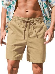 RQP Mens Cotton Linen Shorts Casual Drawstring 7inch Inseam Shorts Stretch Summer Beach Wear,Khaki