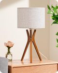 EDISHINE Modern Bedside Lamp, 46cm Tripod Table Lamp with Solid Wood Legs, Beige Linen Lampshade, Lamp for Bedroom Living Room, E27 Base, 2700K LED Bulb Included, Rosewood Color