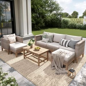 PHI VILLA Patio Conversation Set (Beige, 5 Pcs Set w/3-seat Sofa)